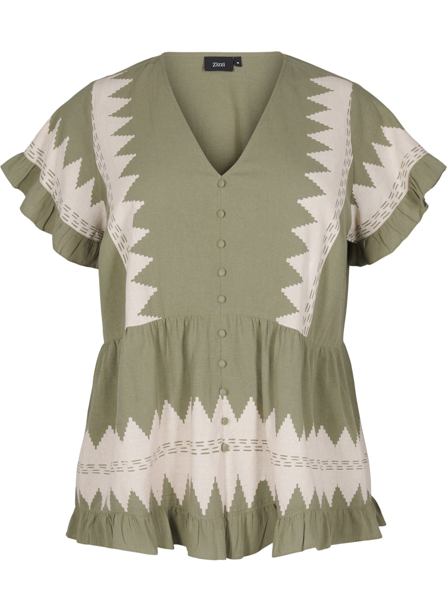 Zizzifashion Short-sleeved blouse with ruffles and graphic pattern, Green, Packshot image number 0