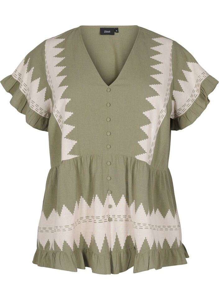 Short-sleeved blouse with ruffles and graphic pattern, Green, Packshot image number 0