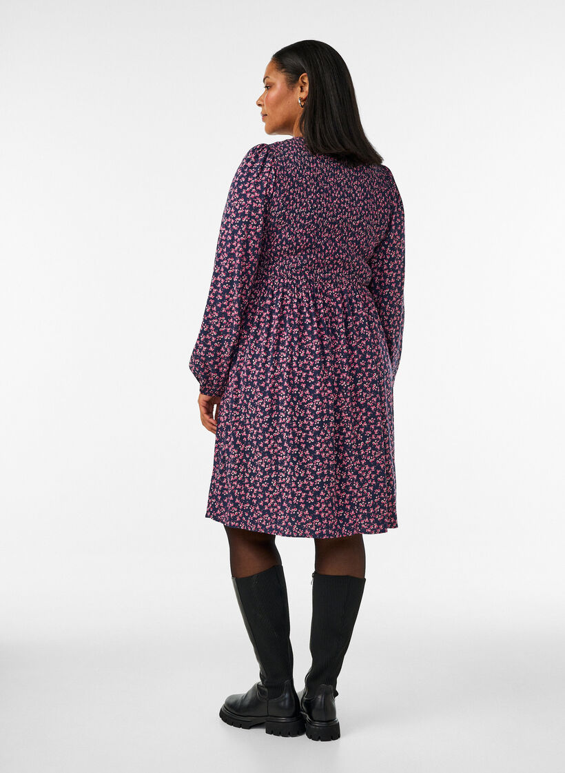 Dress with a smocked top and ditsy floral pattern, Blue, Model image number 2