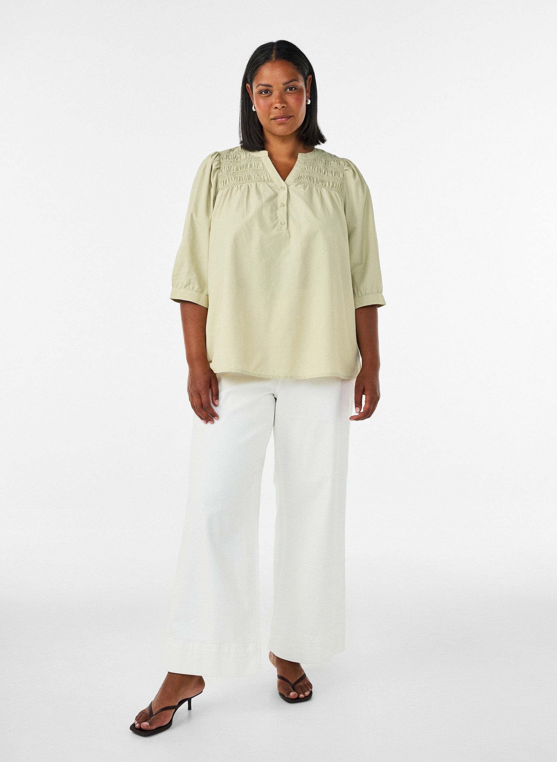 ZizzifashionBlouse with smock and 3/4 sleeves, Green, Model image number 1