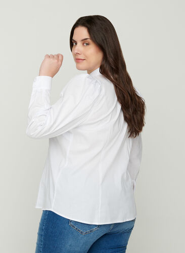 Cotton shirt with puff sleeves, Bright White, Model image number 1
