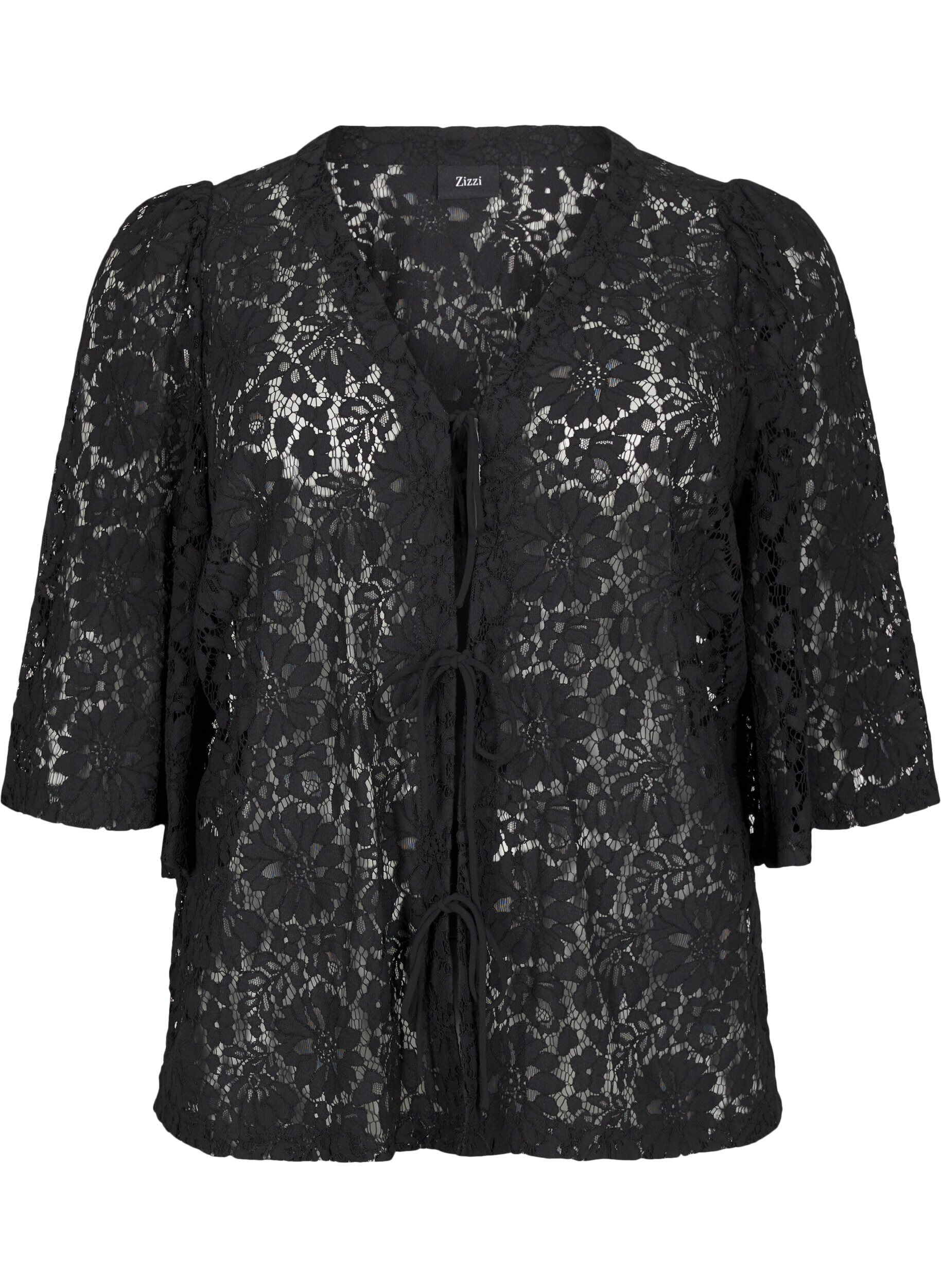 Zizzifashion Lace blouse with 3/4 sleeves and bows on the front, Black, Packshot image number 0