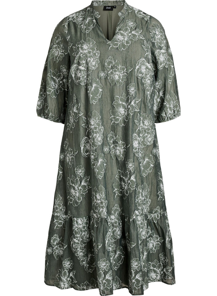 Midi dress with a floral print and sheer 3/4 sleeves, Green, Packshot