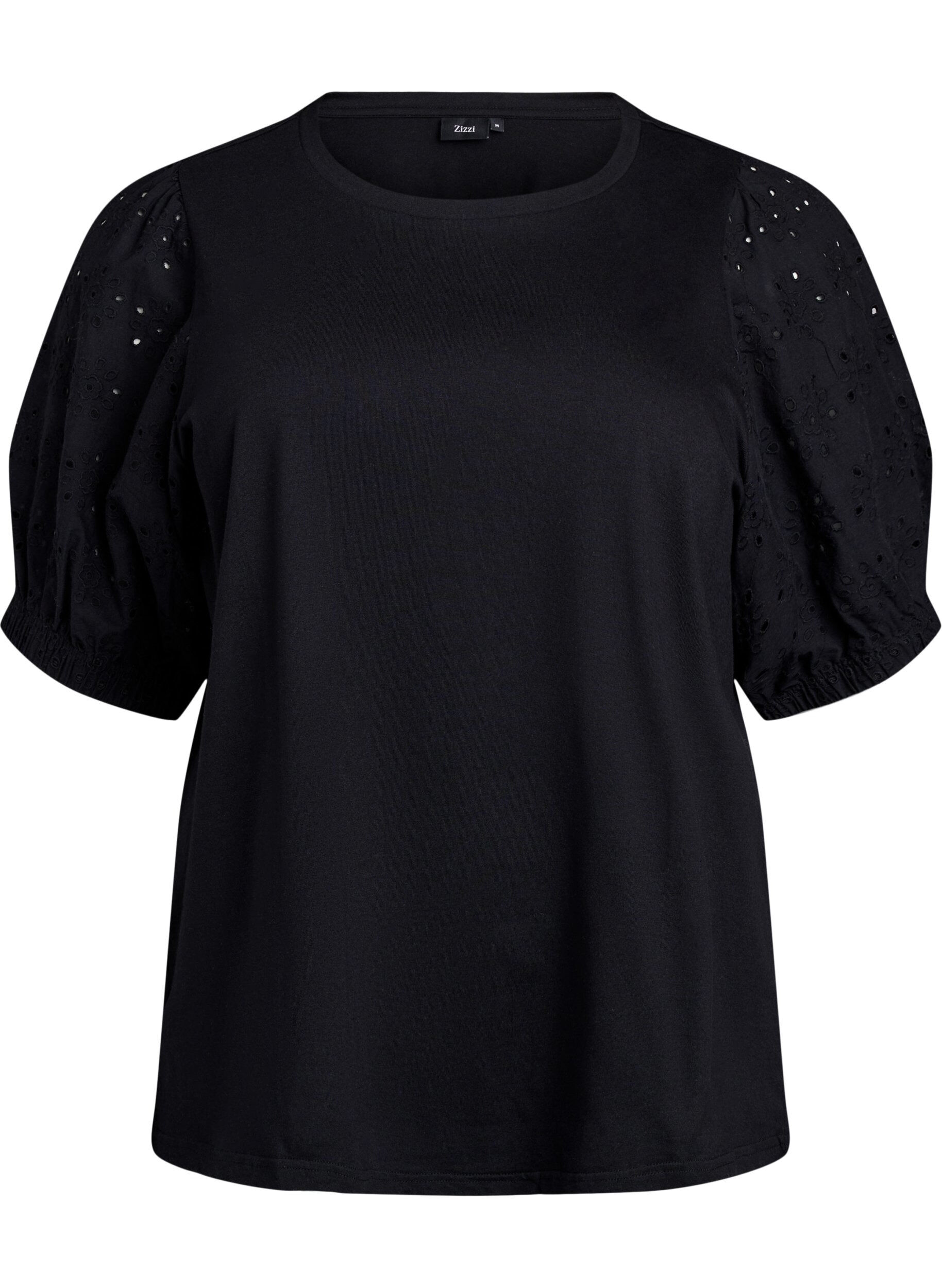 Zizzifashion T-shirt with Broderie Anglaise sleeves, Black, Packshot image number 0