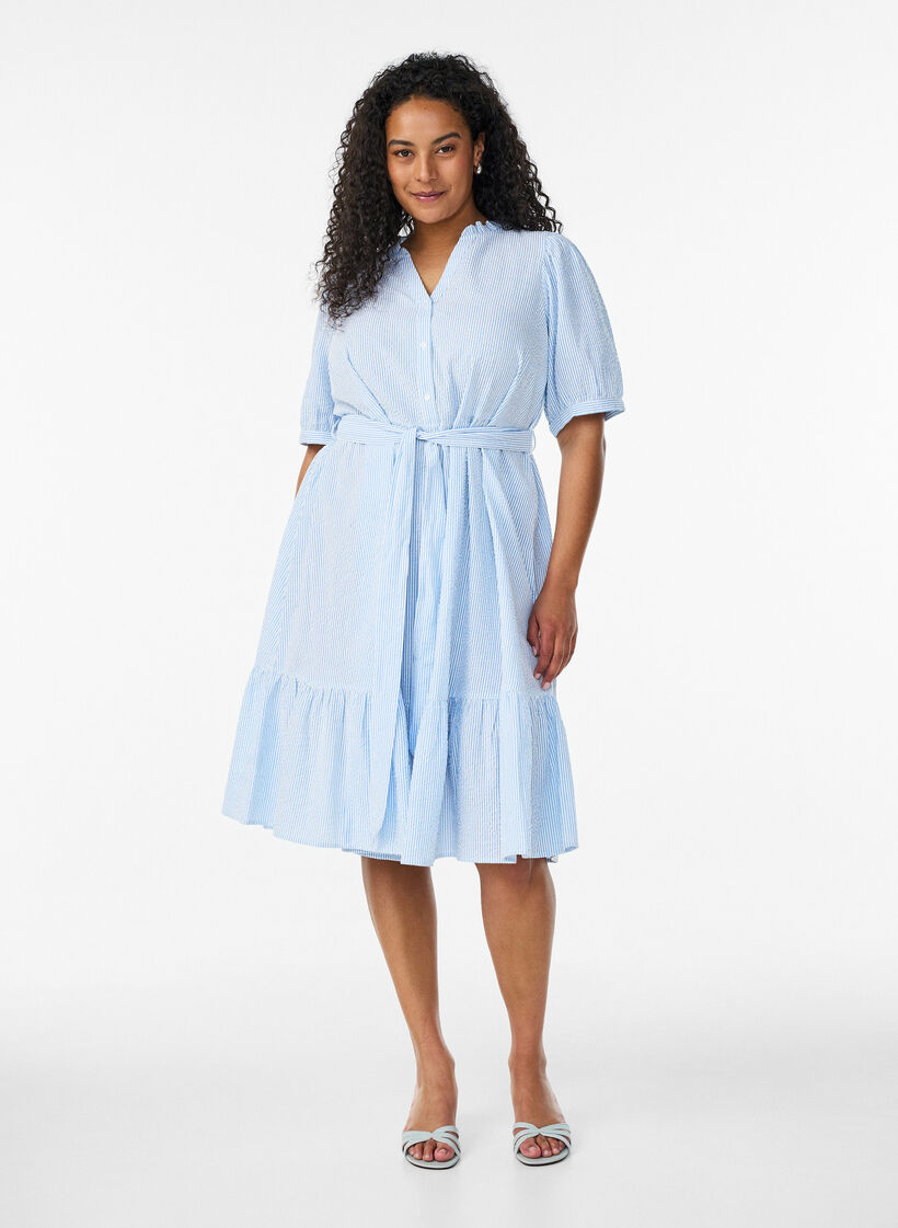 Striped midi dress in cotton with a tie-belt, White, Model image number 1