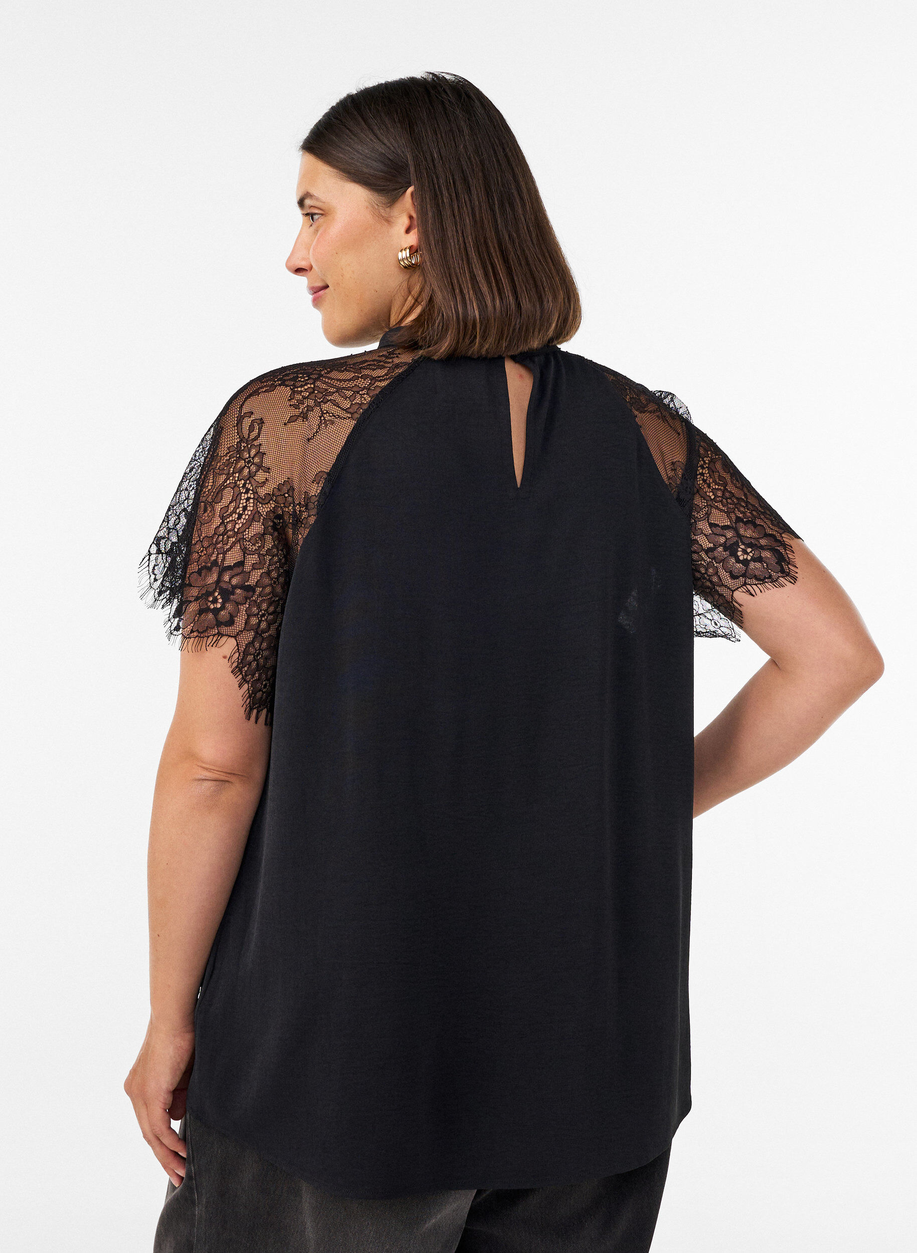 ZizzifashionBlouse with short lace sleeves and high neck, Black, Model image number 2