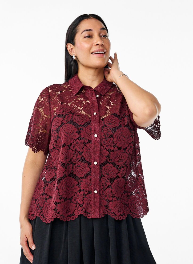 Lace shirt blouse with pearl buttons, Dark Bordeaux, Model image number 0
