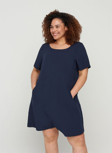 Short-sleeved viscose dress with pockets, Night Sky, Model image number 0