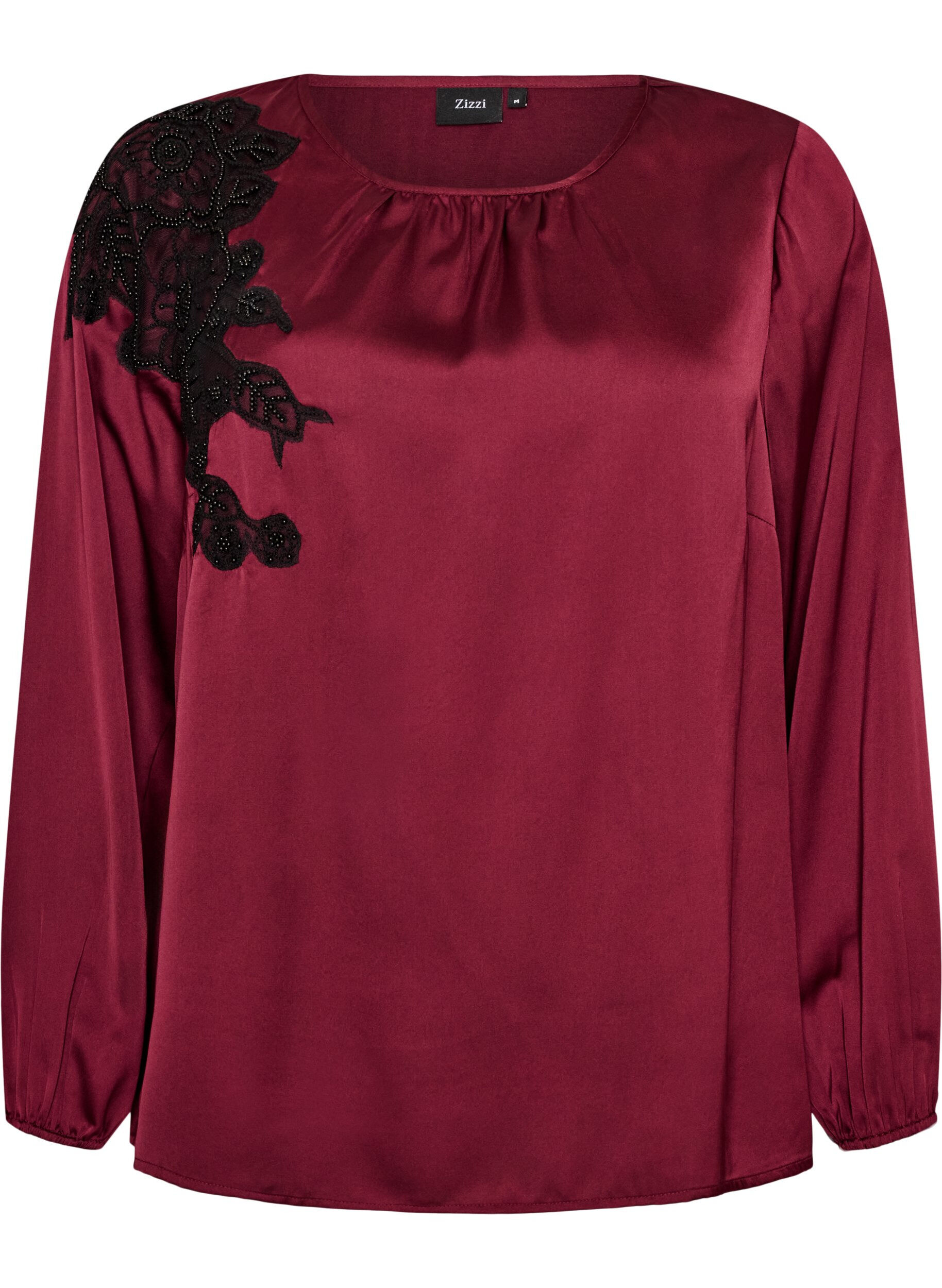 ZizzifashionSatin blouse with lace appliqu&eacute; and pearls, Red, Packshot image number 0