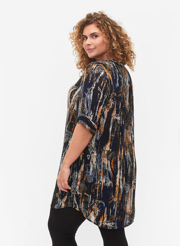 Short-sleeved viscose tunic with paisley print, Navy Blazer AOP, Model image number 1