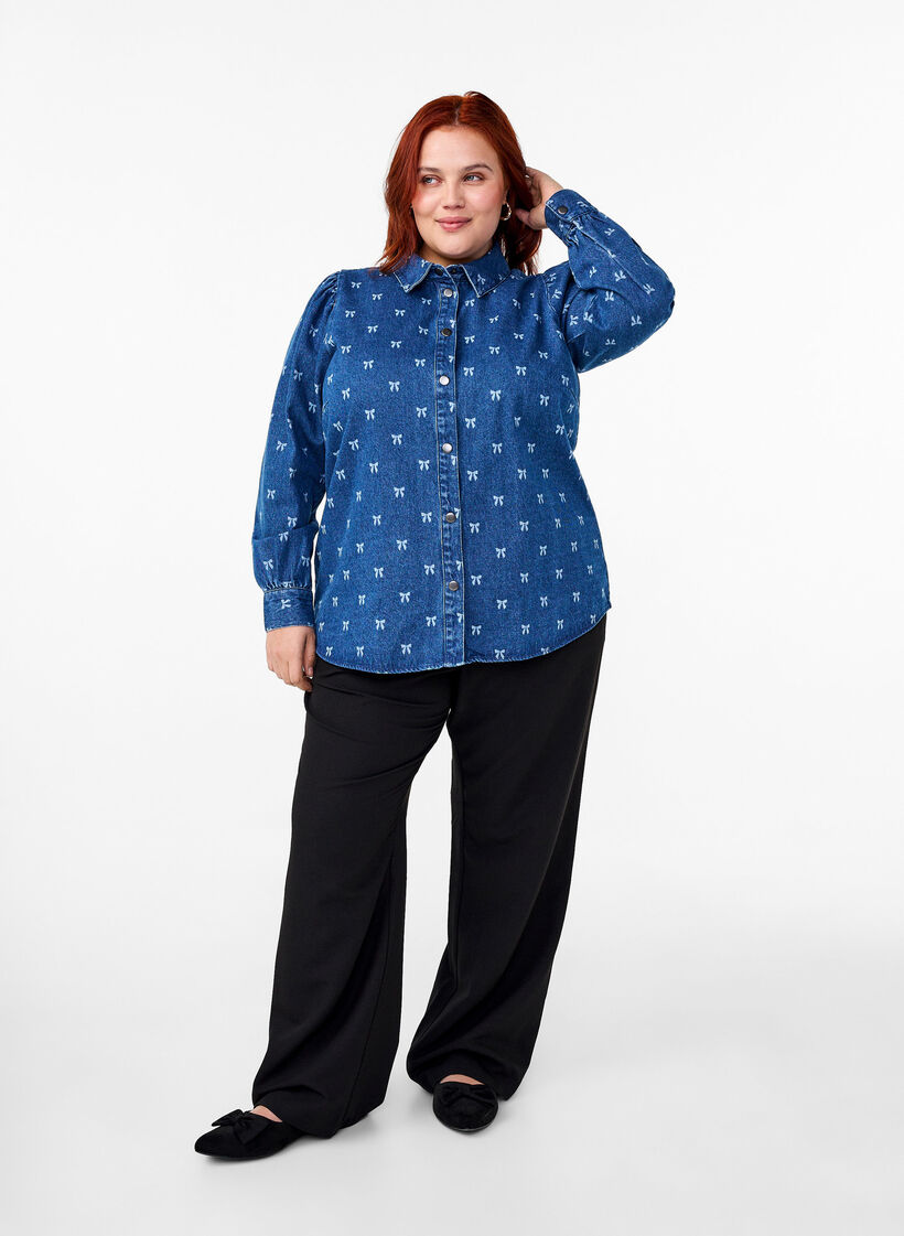 Denim bow shirt, Denim Blue W. Wh.Bow, Model image number 2