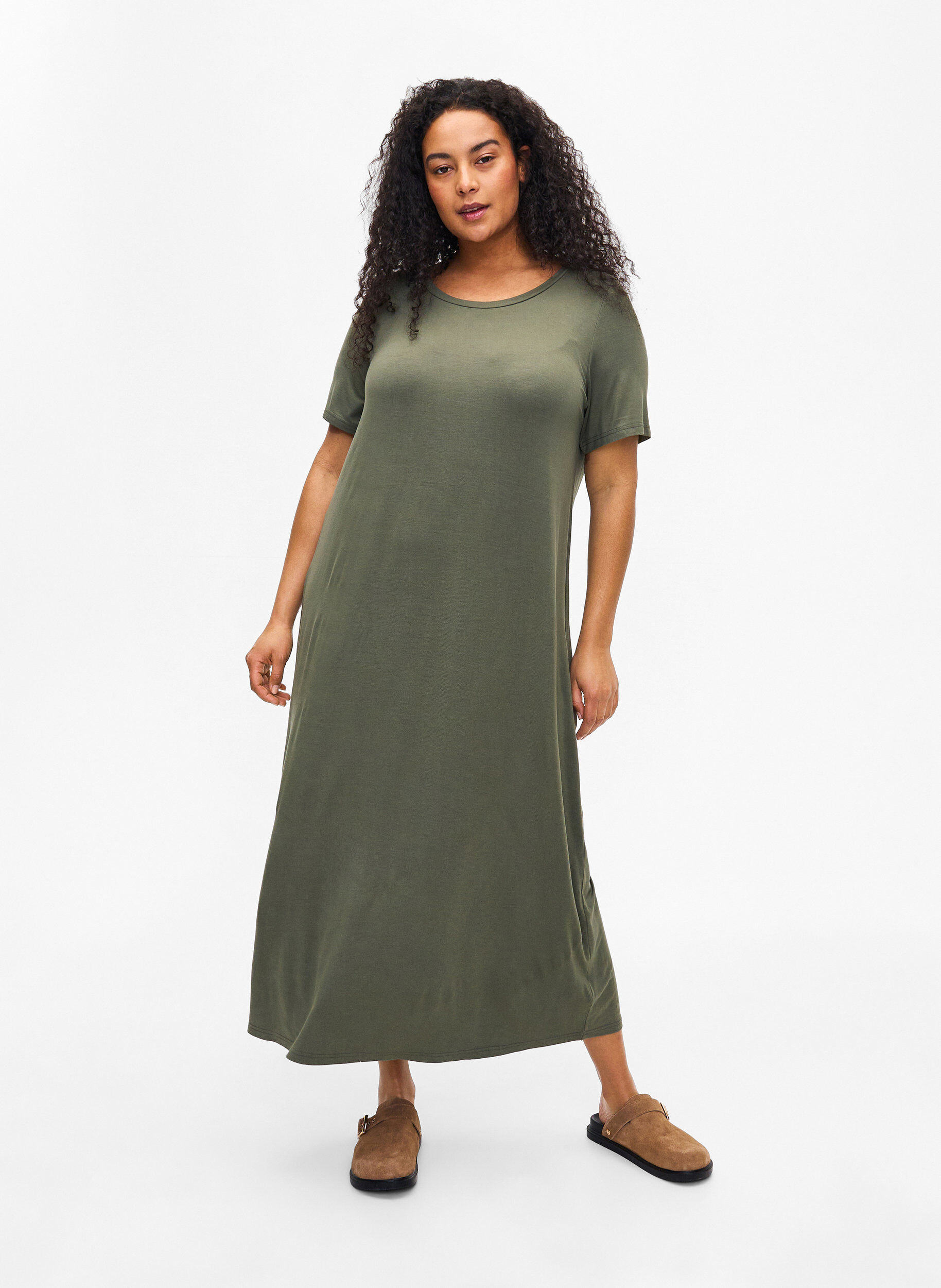 Zizzifashion Viscose midi dress with short sleeves, Thyme, Model image number 0