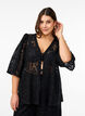 Lace blouse with 3/4 sleeves and bows on the front, Black, Model image number 0