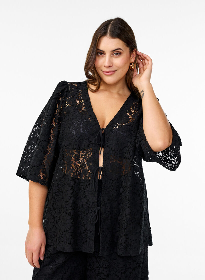 Lace blouse with 3/4 sleeves and bows on the front, Black, Model image number 0