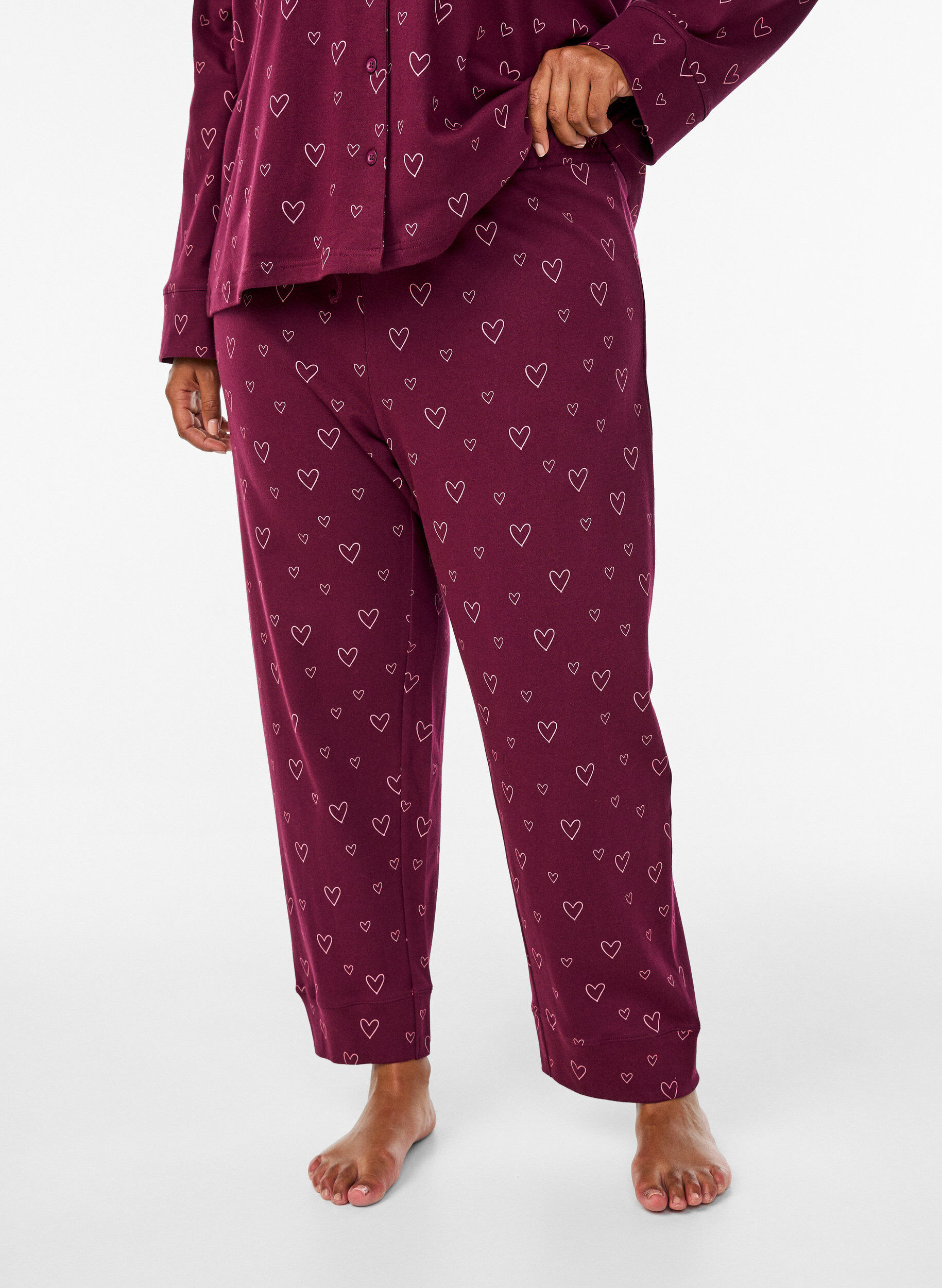 Zizzifashion Cotton pyjama trousers with high waist, Dark Bordeaux, Model image number 2