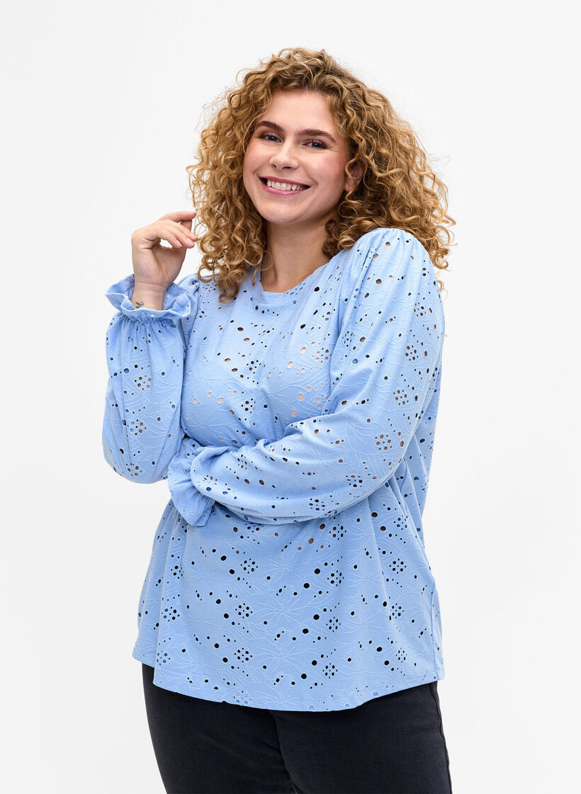 Long-sleeved blouse with hole pattern, Serenity, Model image number 0