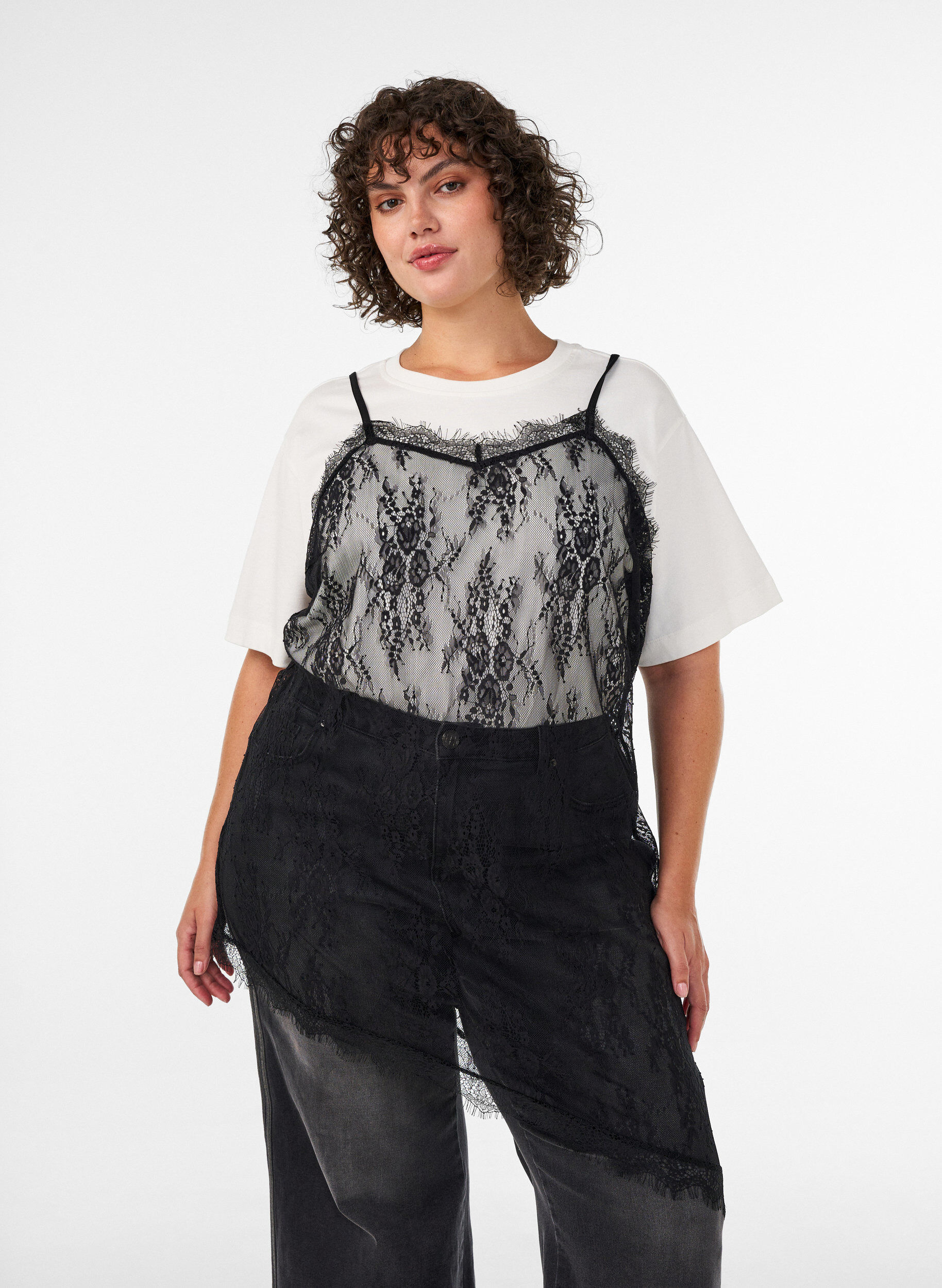 ZizzifashionLace dress with asymmetric cut, Black, Model image number 0