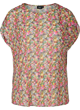 Short-sleeved blouse with a floral print, Pink Flower AOP, Packshot image number 0