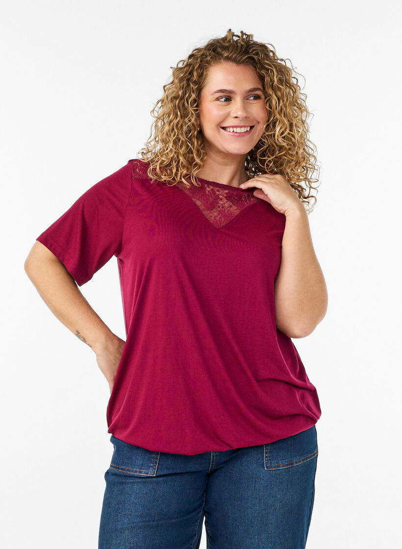 Blouse with lace insert and balloon sleeves, Red, Model image number 0