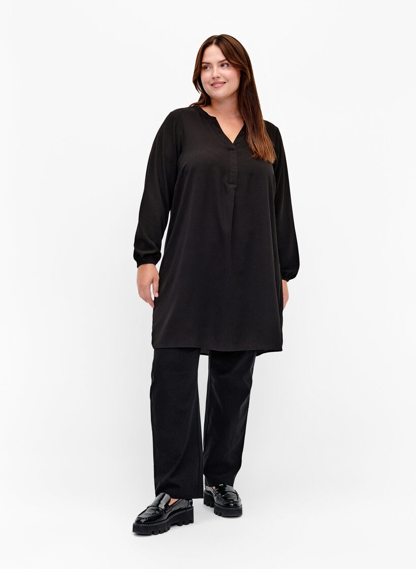 Long-sleeved V-neck dress, Black, Model image number 2