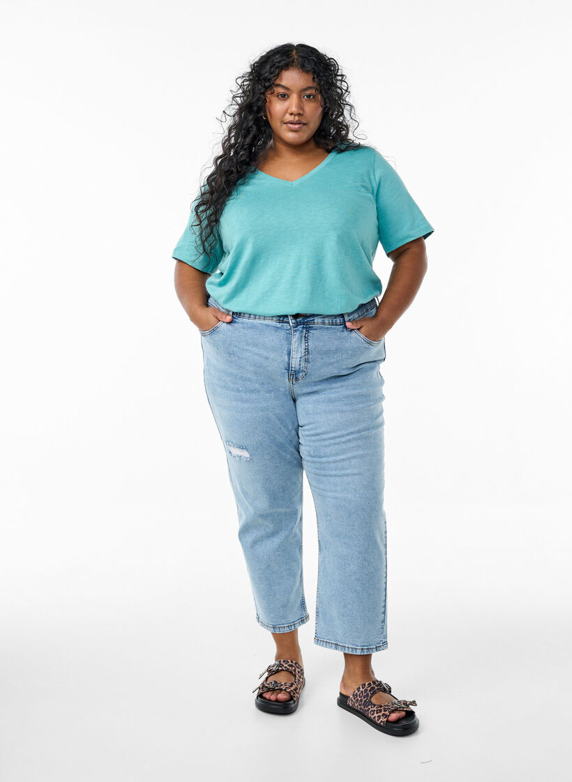 Short sleeve basic t-shirt with v-neck, Blue, Model image number 1