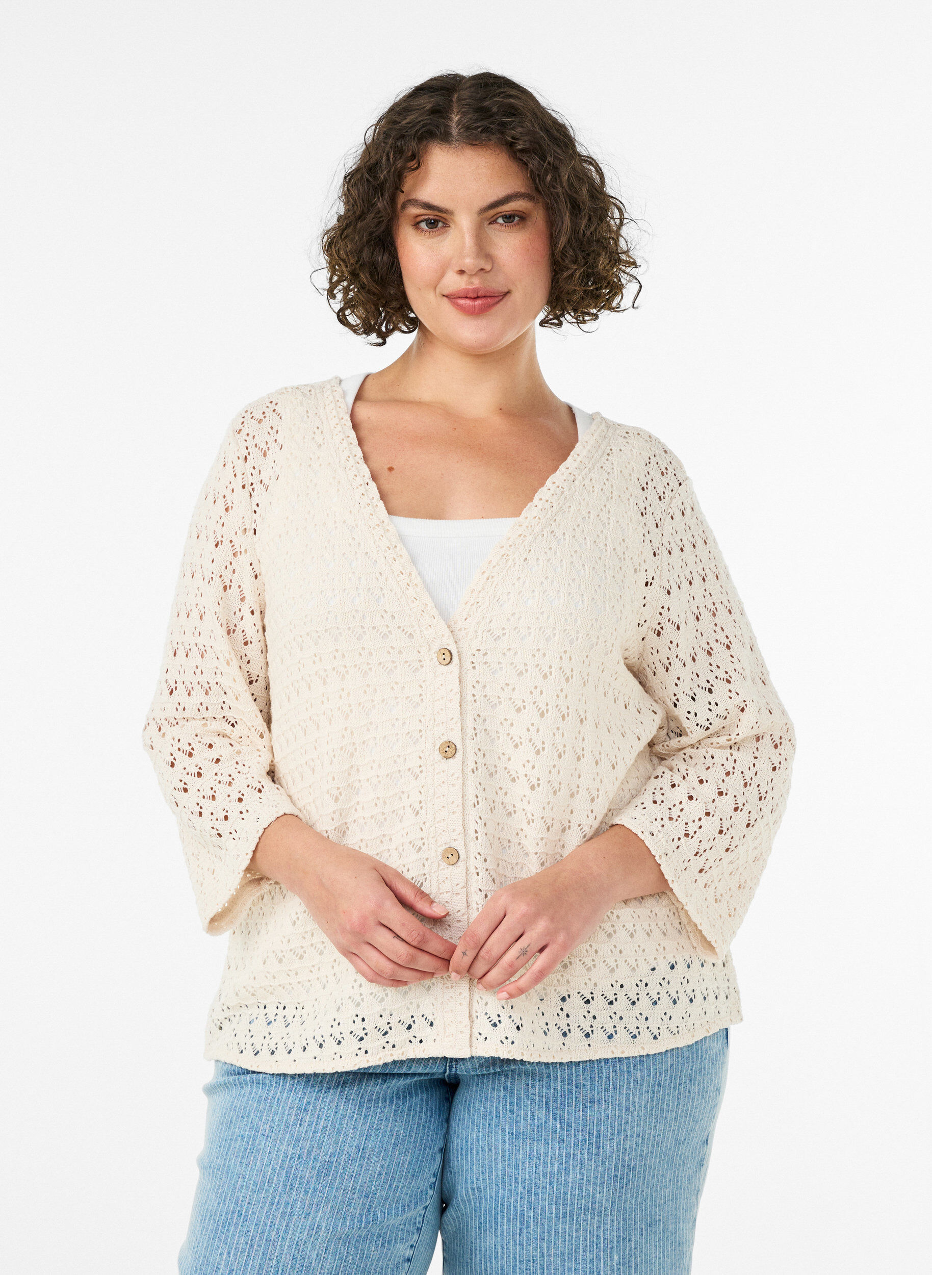 Knitted cardigan with eyelet embroidery and a V-neck, Beige, Model