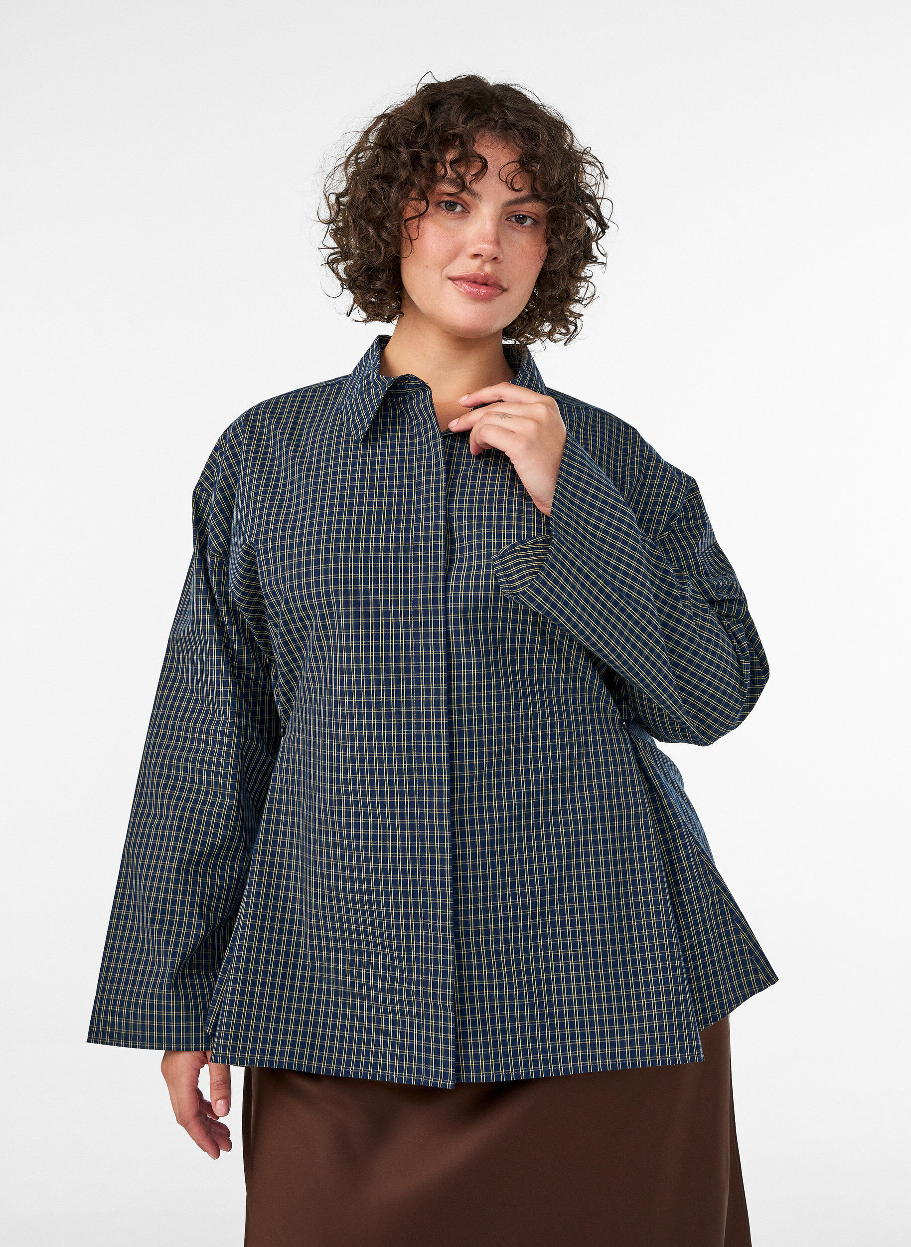 ZizzifashionCotton shirt with a checked pattern and concealed button fastening, Blue, Model image number 0