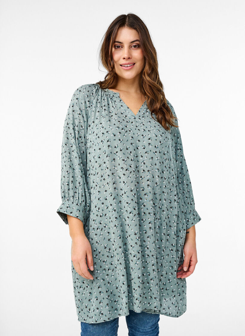 Tunic with floral print and 3/4 sleeves, Green, Model image number 0