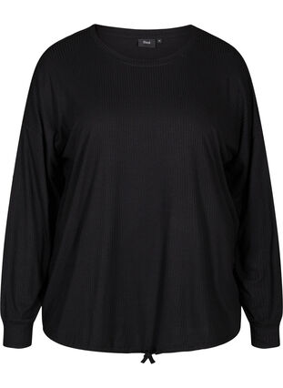 Ribbed fabric blouse with drawstring, Black, Packshot image number 0