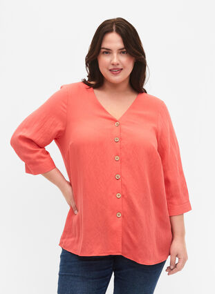 Viscose blouse with buttons and v-neck, Deep Sea Coral, Model image number 0