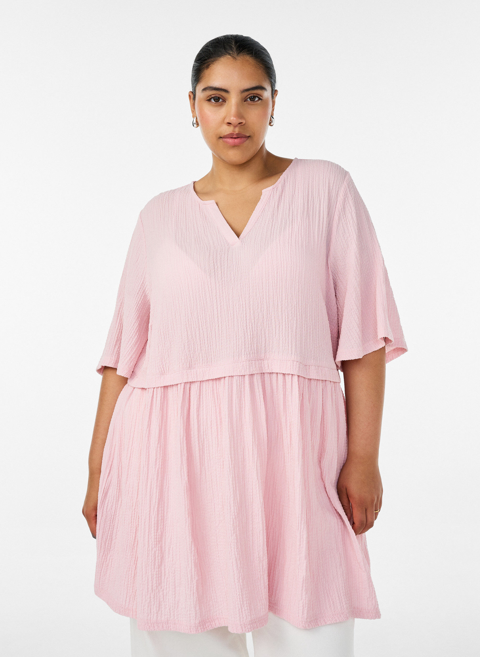 Zizzifashion Tunic with crinkled texture and 1/2 sleeves, Pink, Model image number 0