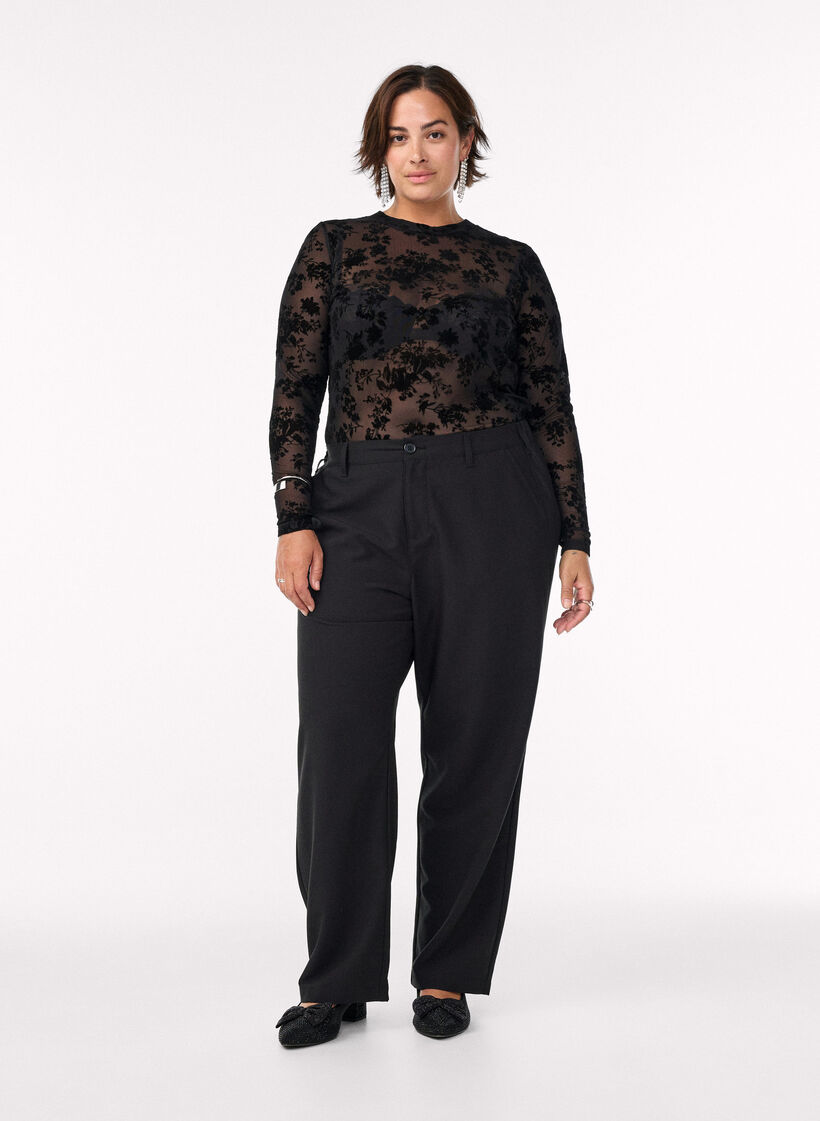 Mesh blouse with floral pattern, Black, Model image number 1