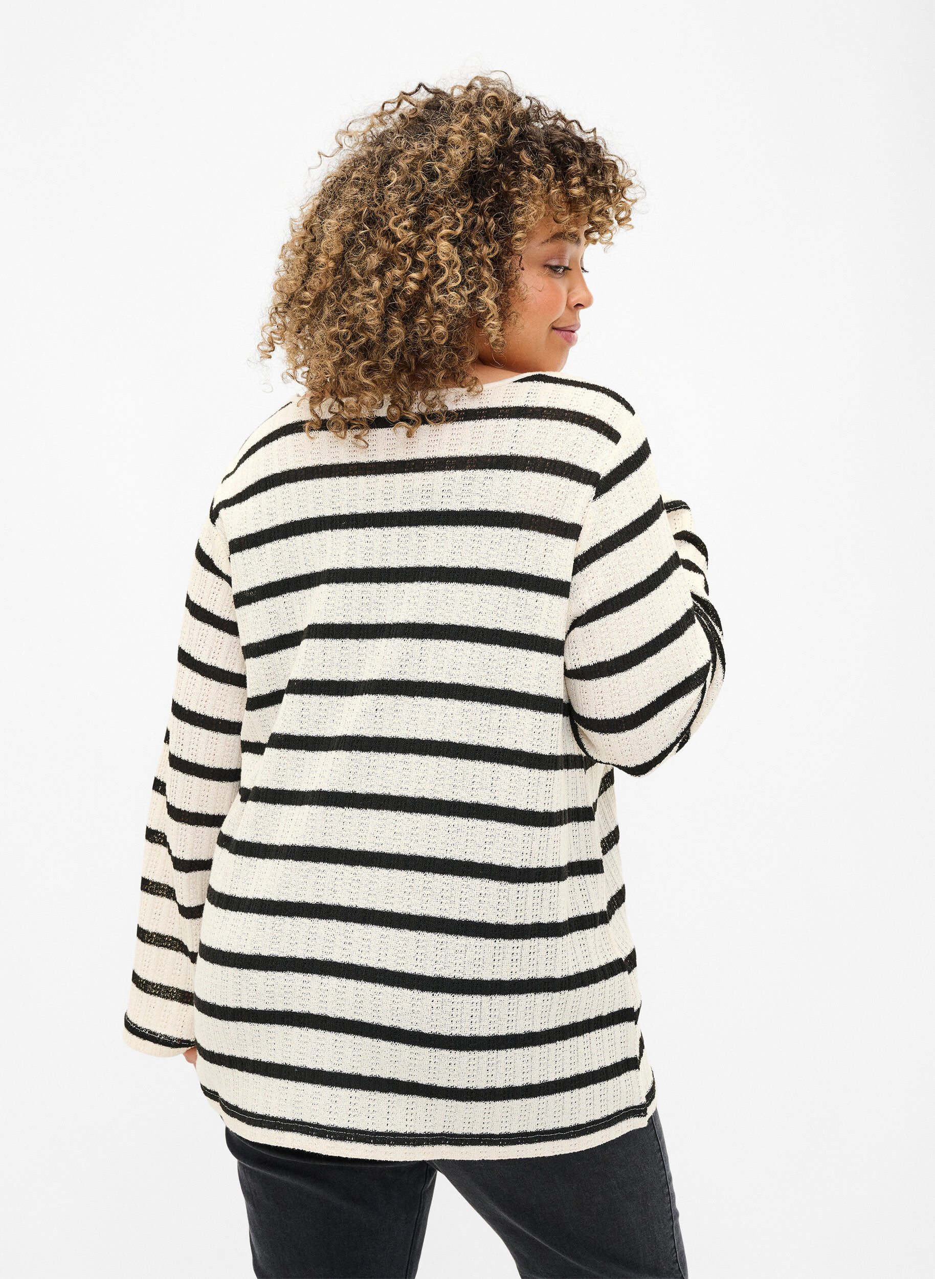 Zizzifashion Striped cardigan with tie-string, Sand Black Stripe, Model image number 1