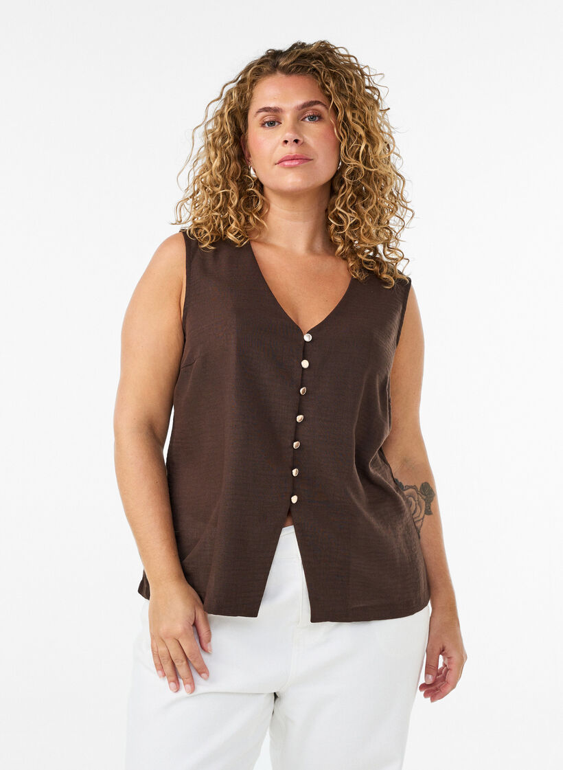 Sleeveless vest with a V-neck and buttons, Brown, Model image number 0