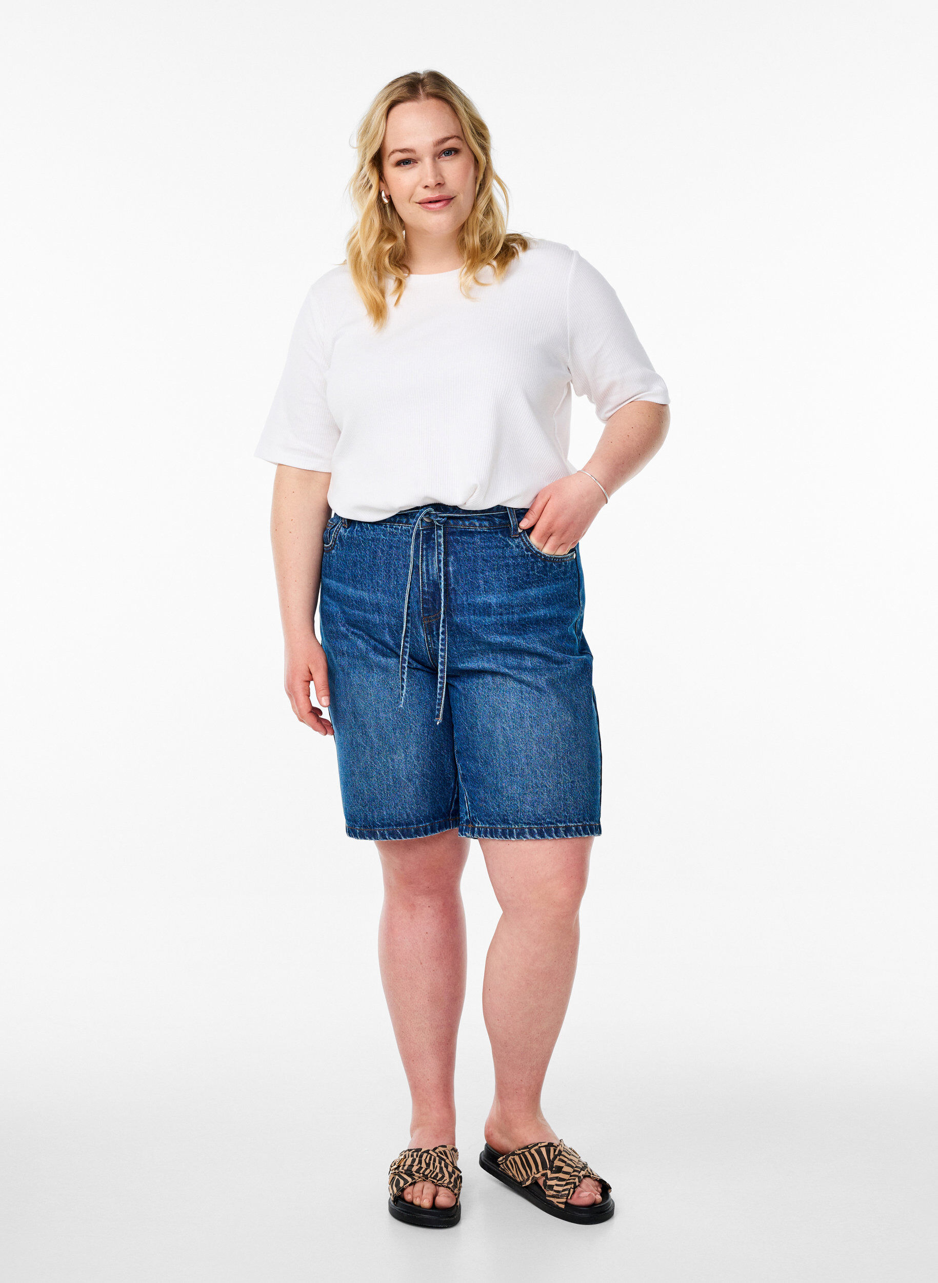 Zizzifashion Ribbed jersey blouse with short sleeves, White, Model image number 1