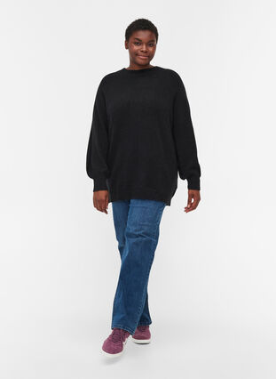 Knitted blouse with rib trim and round neckline, Black, Model image number 2