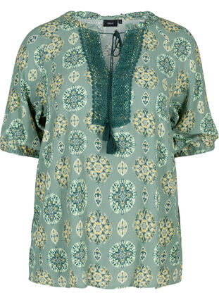 Printed viscose blouse with 3/4-length sleeves, Green Indian, Packshot image number 0