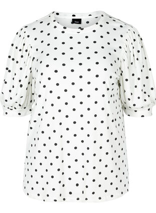 Dotted t-shirt with puff sleeves, White w. Black Dots, Packshot image number 0
