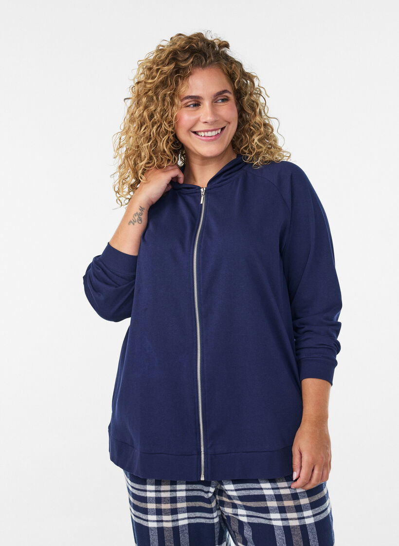 Hooded sweat cardigan with pockets, Blue, Model image number 0