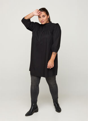 Cotton tunic wth 3/4-length sleeves and ruffles, Black, Model image number 3