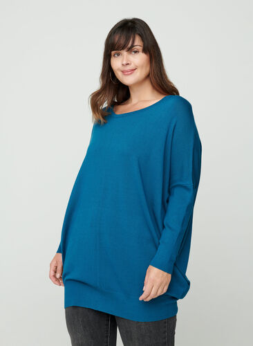Knitted jumper with round neckline, Petrol, Model image number 0