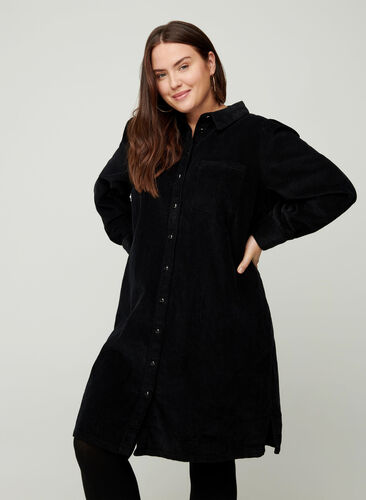 Long-sleeved velvet shirt dress, Black, Model image number 0