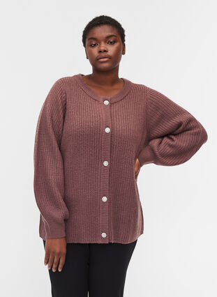Short rib-knit cardigan with button fastening, Rose Taupe as sample, Model image number 0