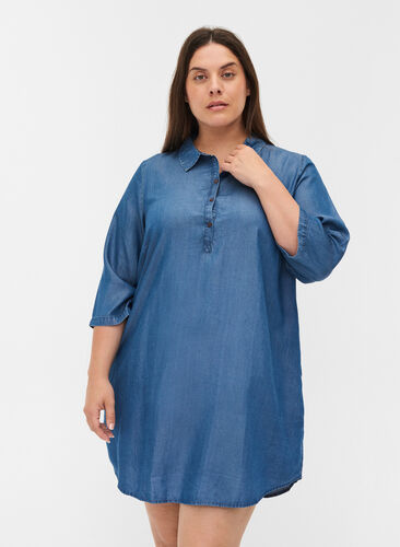 Tunic with collar and 3/4 sleeves, Blue denim, Model image number 0