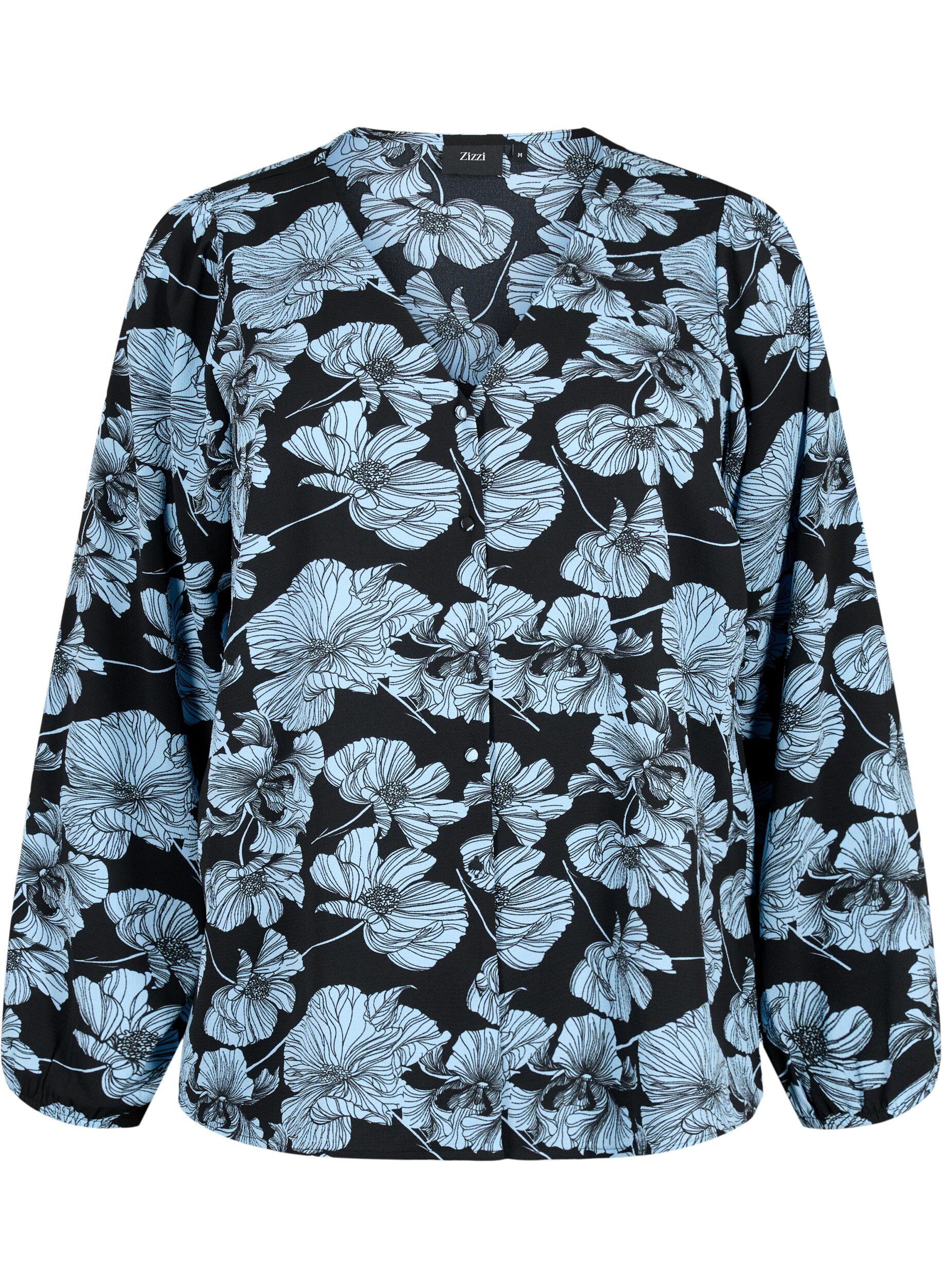 Zizzifashion Shirt blouse with v-neck and print, Black B. Flower AOP, Packshot image number 0