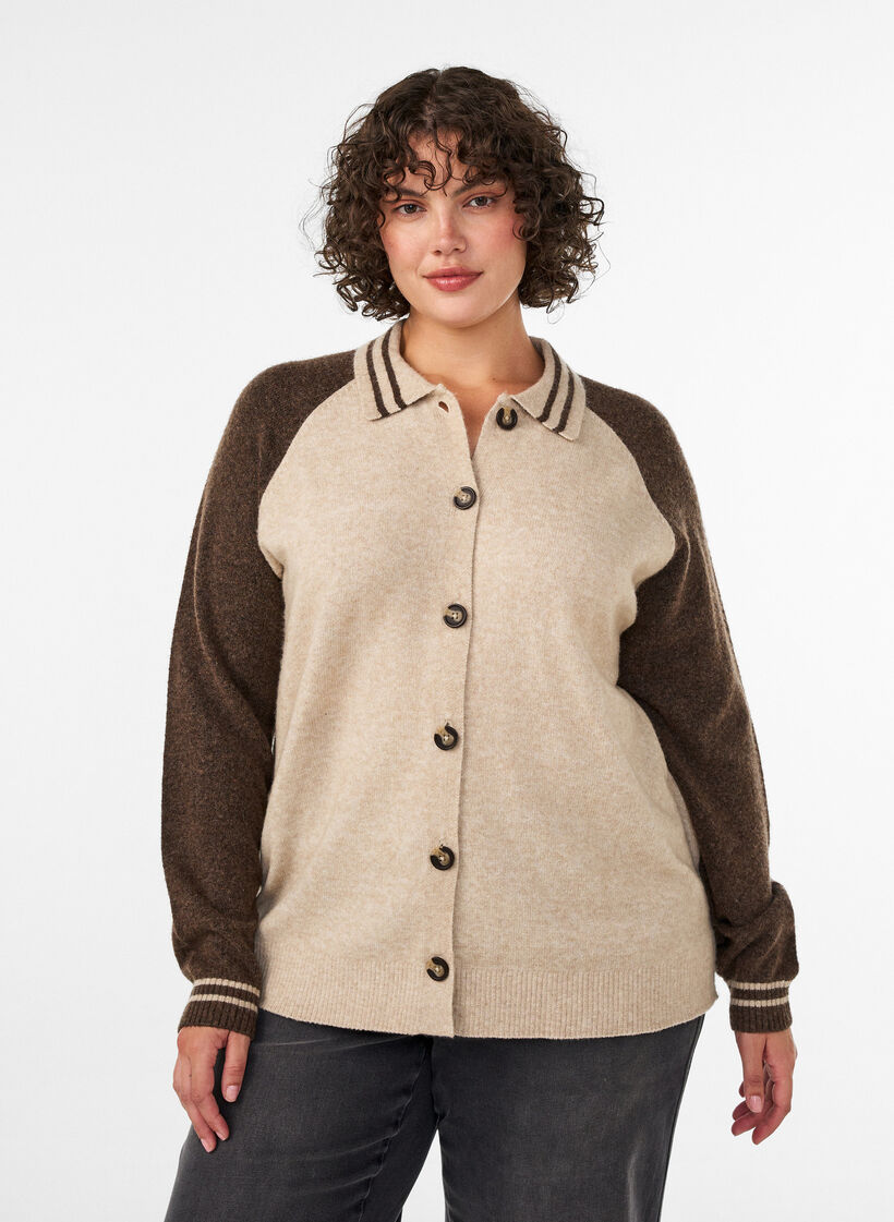 Cardigan with contrast sleeves and collar, Beige, Model image number 0