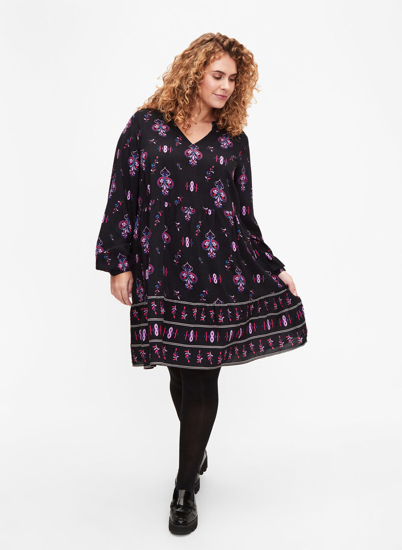 Long sleeve viscose dress with print, Black Pink AOP, Model image number 2