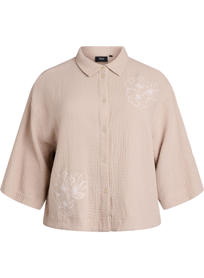 Cotton muslin shirt with embroidered details, Beige, Packshot image number 0