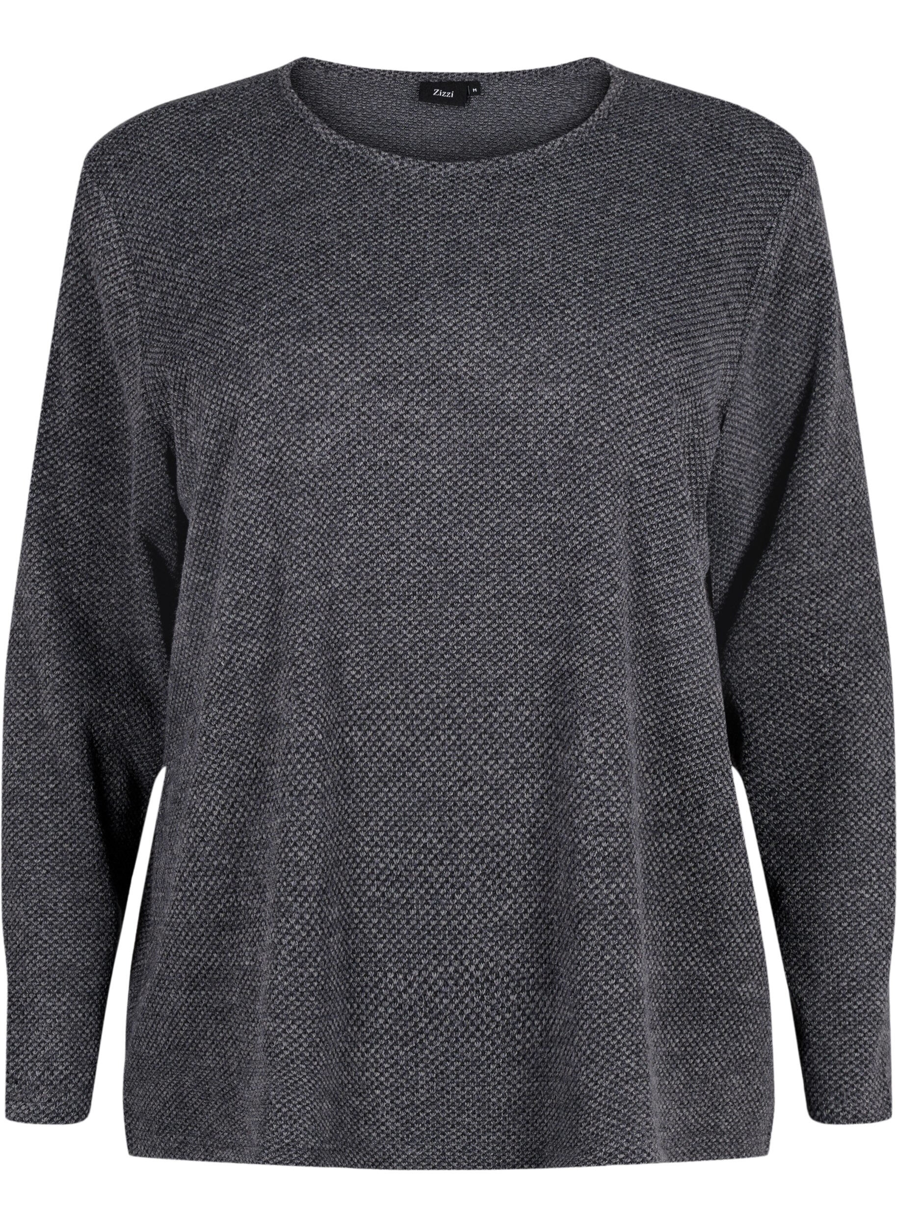 Zizzifashion Melange blouse with round neck and long sleeves, Dark Grey, Packshot image number 0