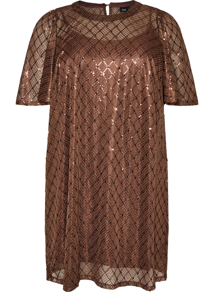 Short sequin dress with a diamond pattern, Brown, Packshot image number 0